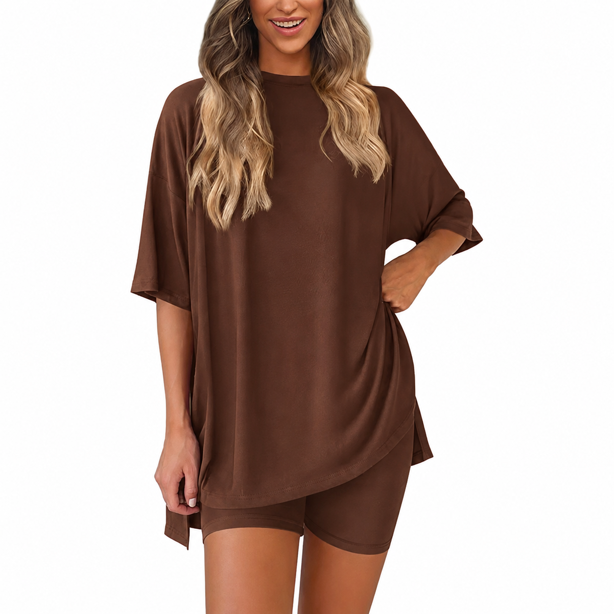 Casual Minimalist Stretchy Biker Shorts And Top Set For Women