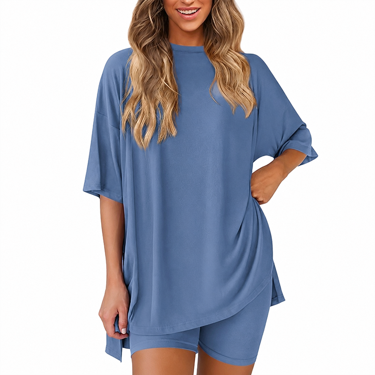 Casual Minimalist Stretchy Biker Shorts And Top Set For Women