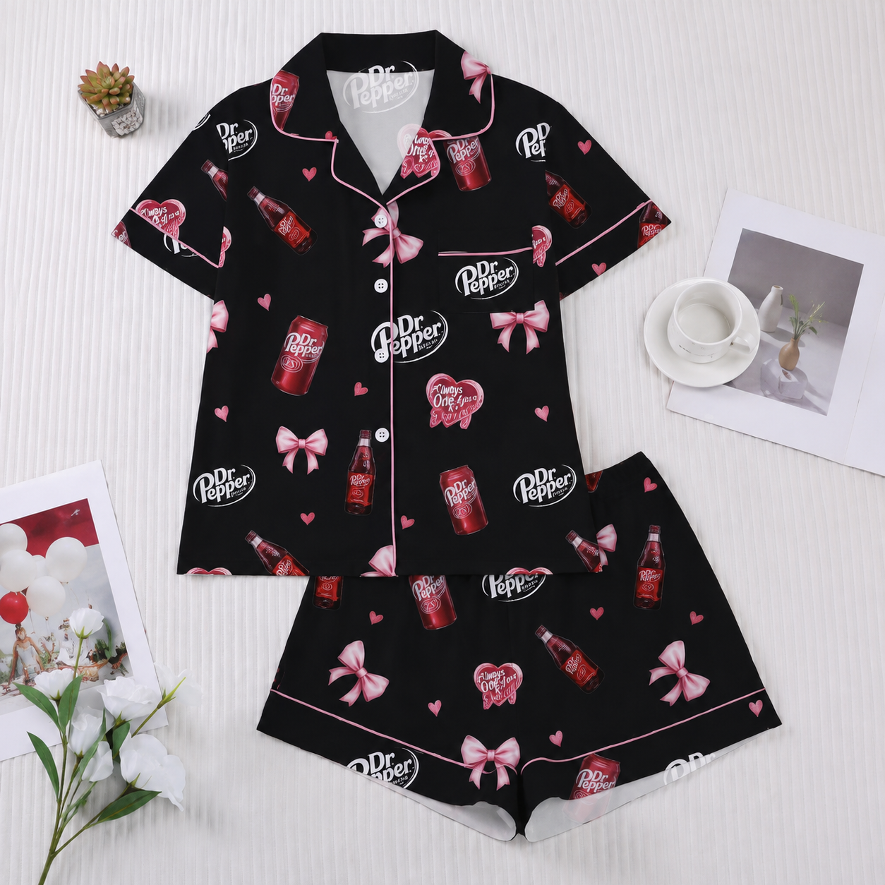 Casual Bow Print Button Up Top And Elastic Shorts Sleepwear Set For Women