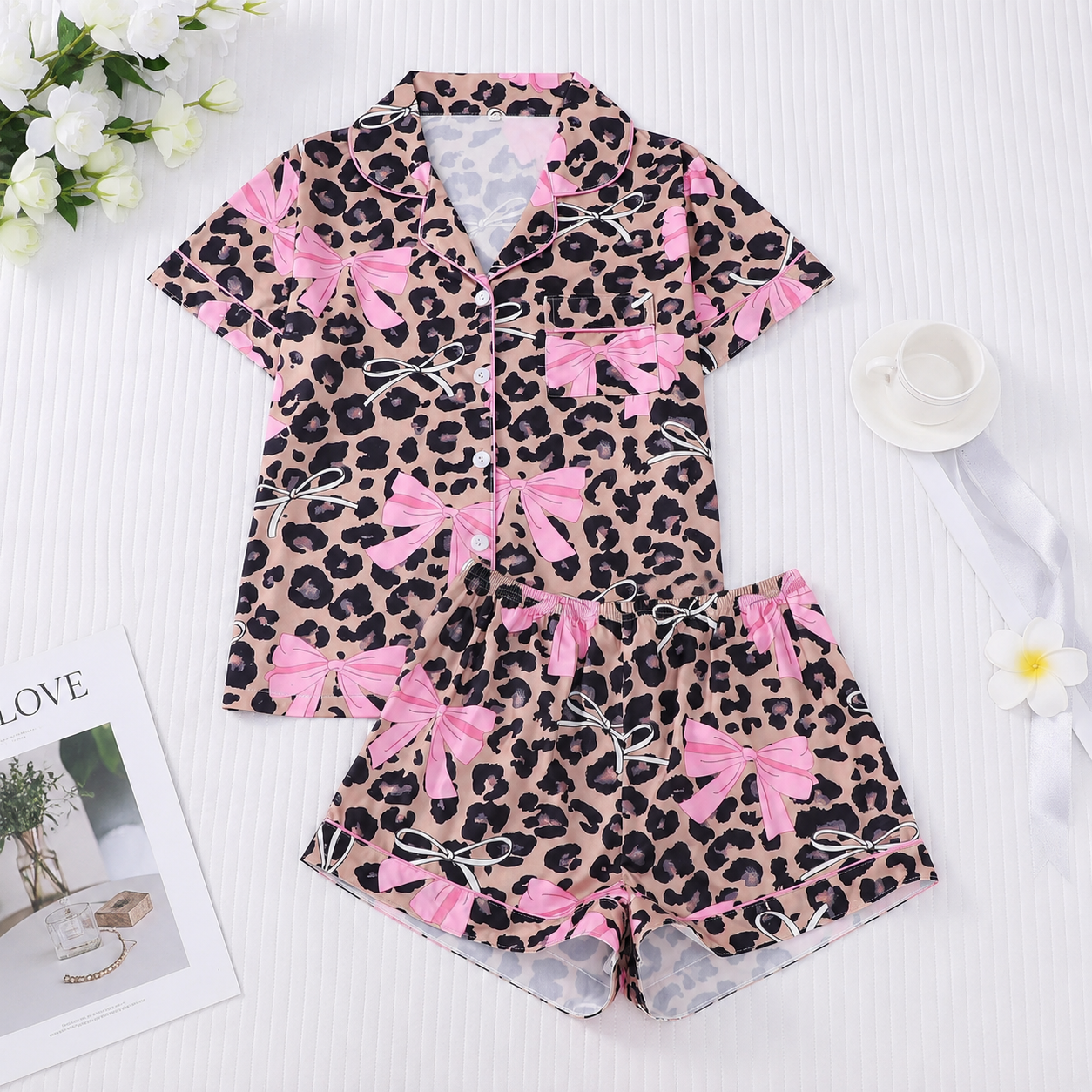 2 Piece Of Leopard Pattern Button Front Lapel Short Sleeve Lounge Set With Shorts For Women