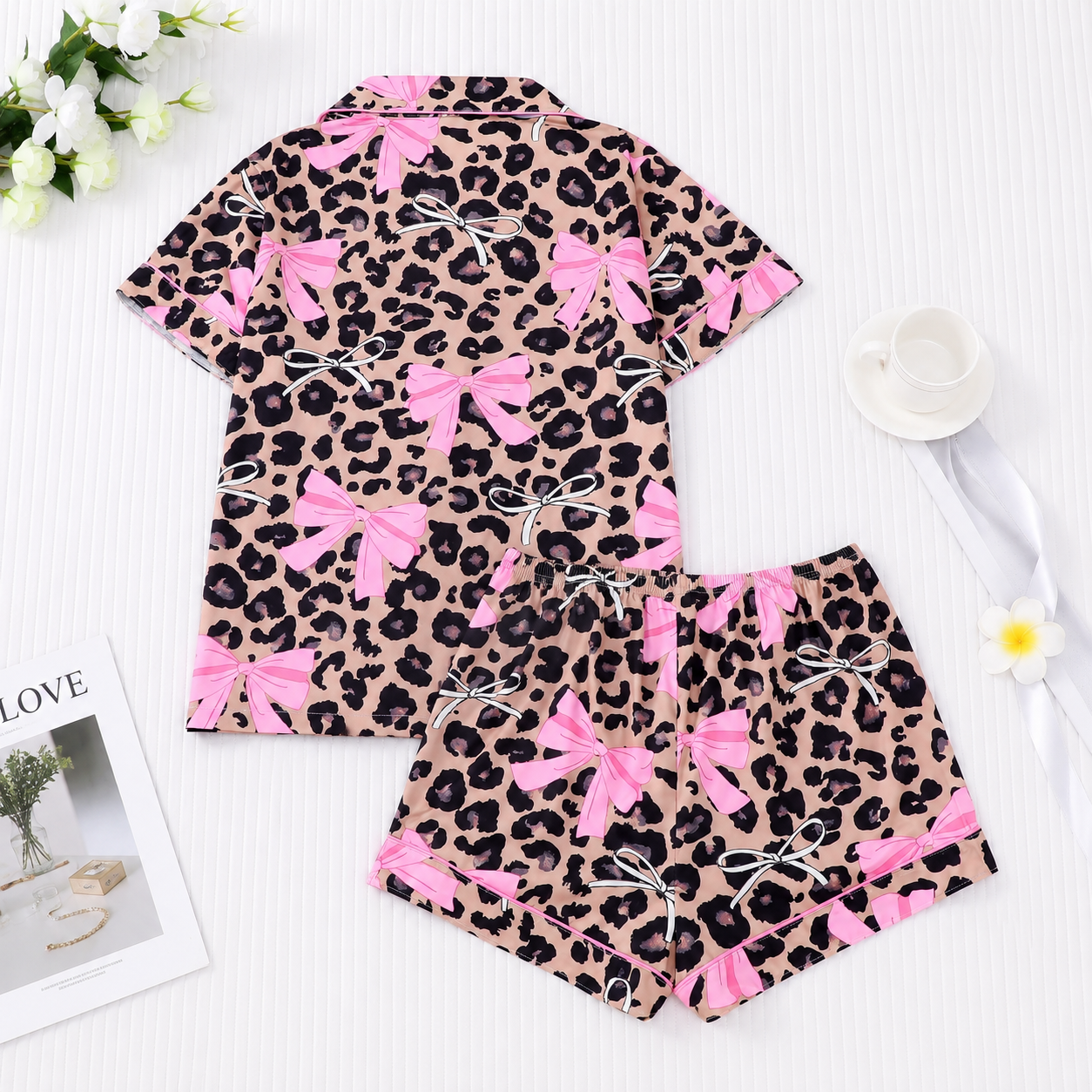 2 Piece Of Leopard Pattern Button Front Lapel Short Sleeve Lounge Set With Shorts For Women