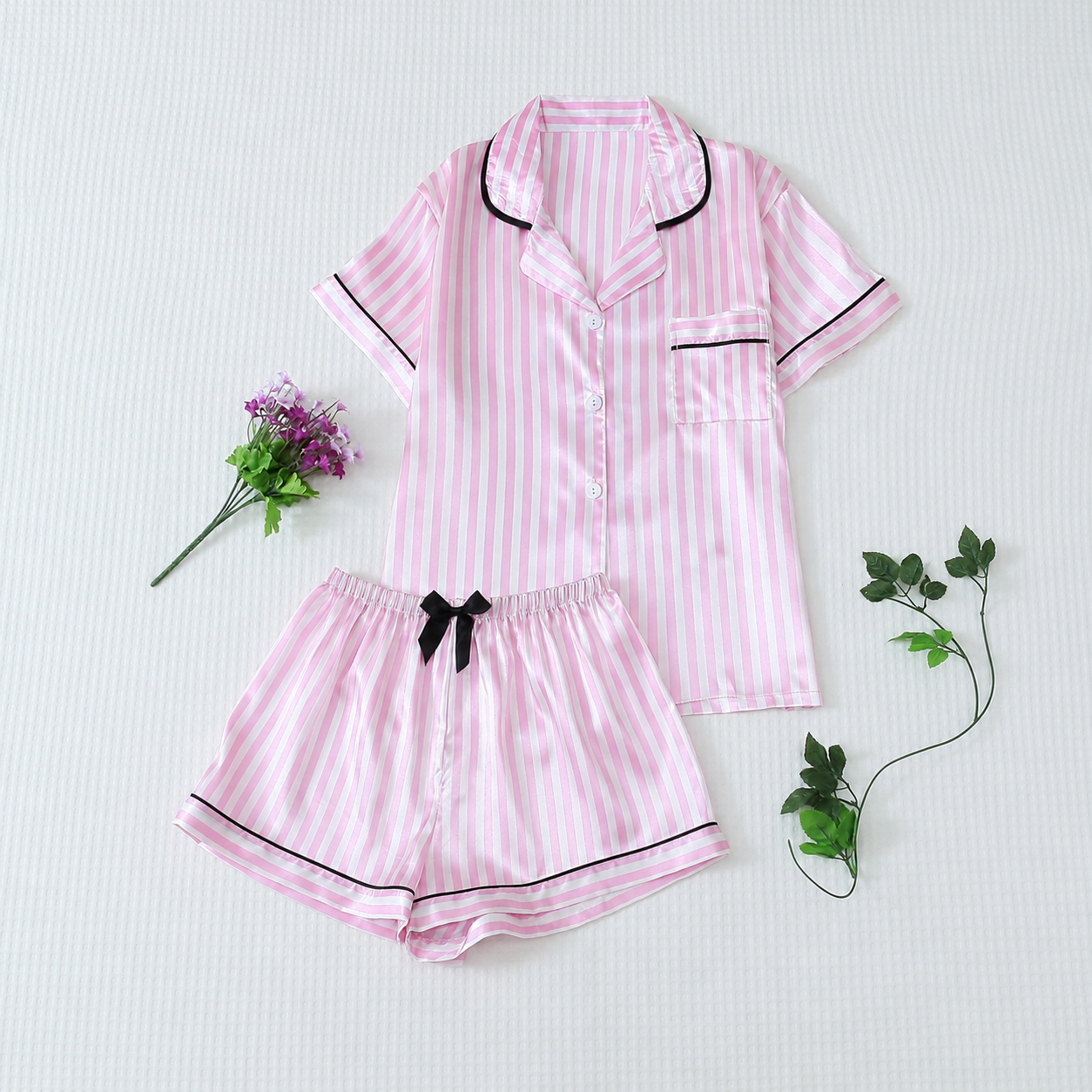 2 Piece Of Short Sleeve Button Front Top With Striped Shorts Sleepwear Pajama Set For Women