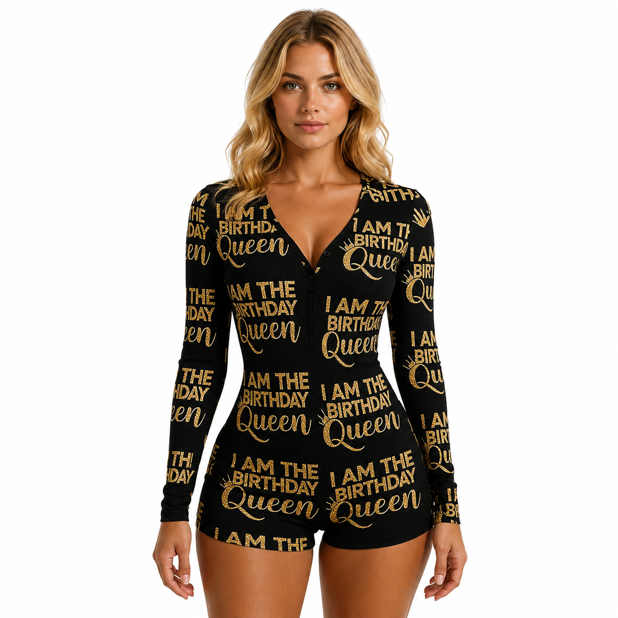 Long Sleeve Printed One Piece Pajama Romper Loungewear Outfit For Women