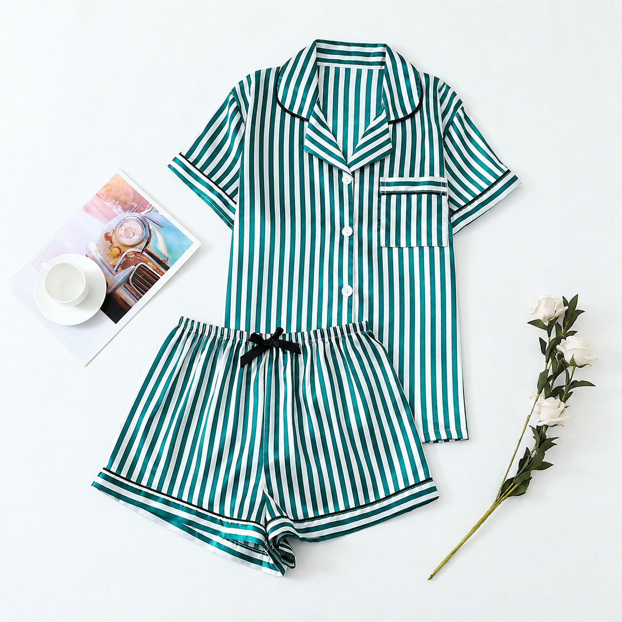 2 Piece Of Short Sleeve Button Front Top With Striped Shorts Sleepwear Pajama Set For Women