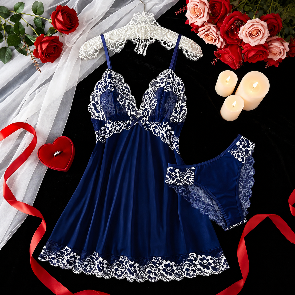 2 Piece Floral Lace Nightdress Set With Matching Briefs For Women