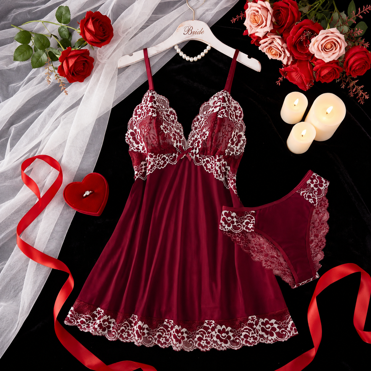 2 Piece Floral Lace Nightdress Set With Matching Briefs For Women
