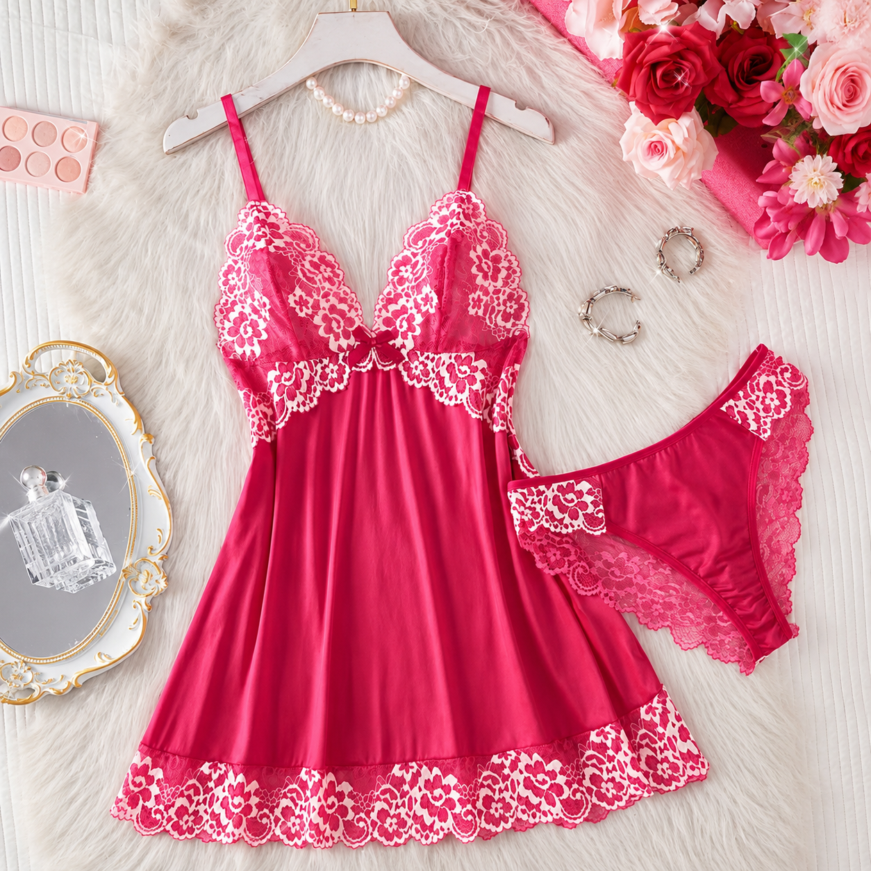 2 Piece Floral Lace Nightdress Set With Matching Briefs For Women
