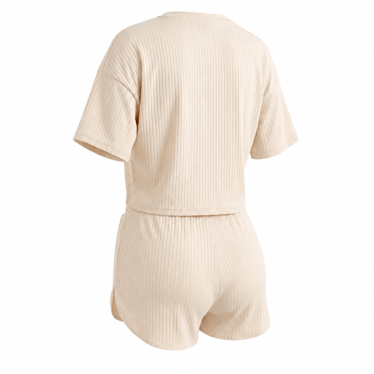 Casual Solid Elastic Ribbed Crop Tee And Shorts Pajama Set For Women