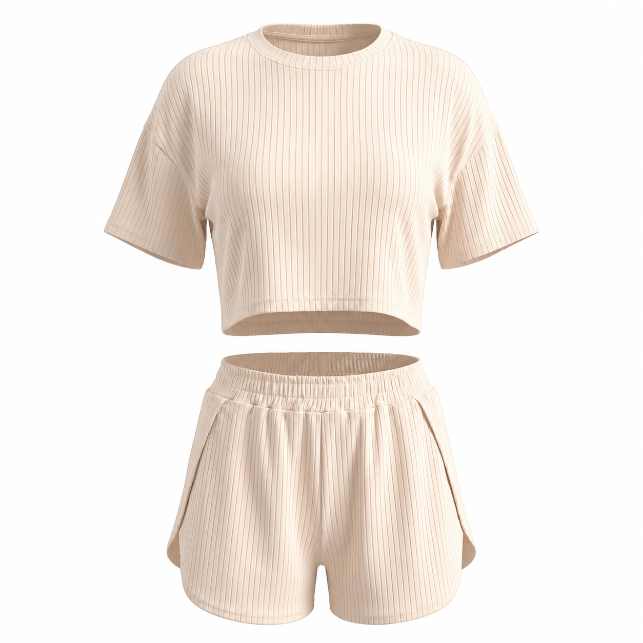 Casual Solid Elastic Ribbed Crop Tee And Shorts Pajama Set For Women