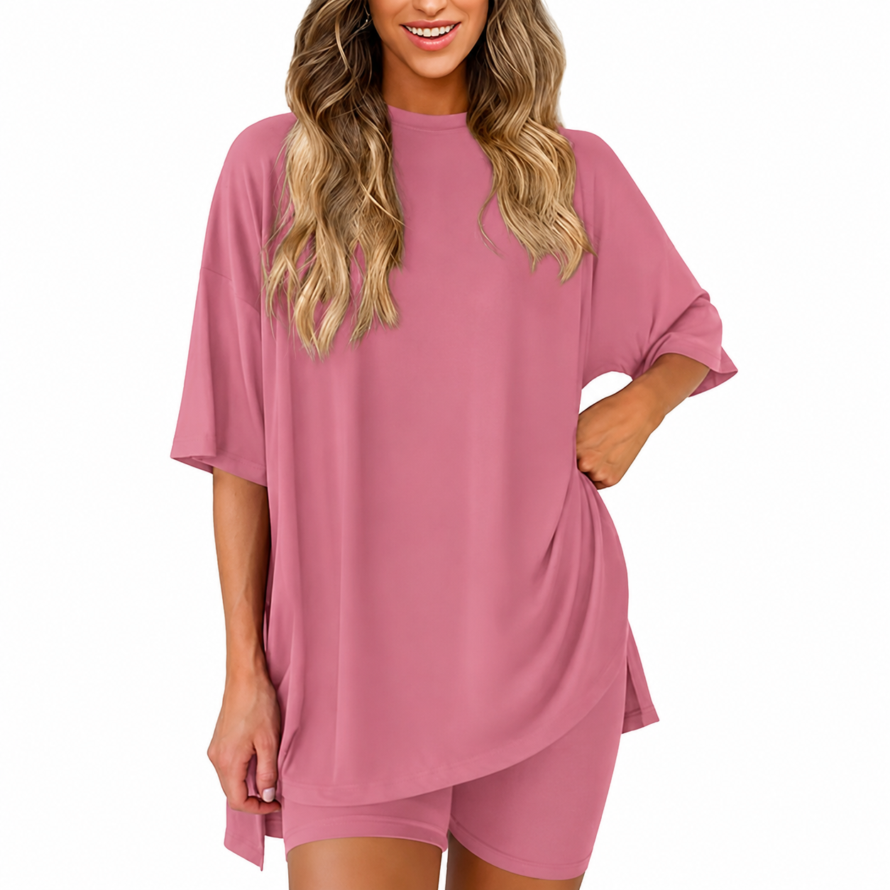 Casual Minimalist Stretchy Biker Shorts And Top Set For Women