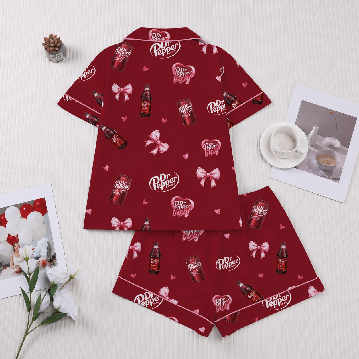 Casual Bow Print Button Up Top And Elastic Shorts Sleepwear Set For Women