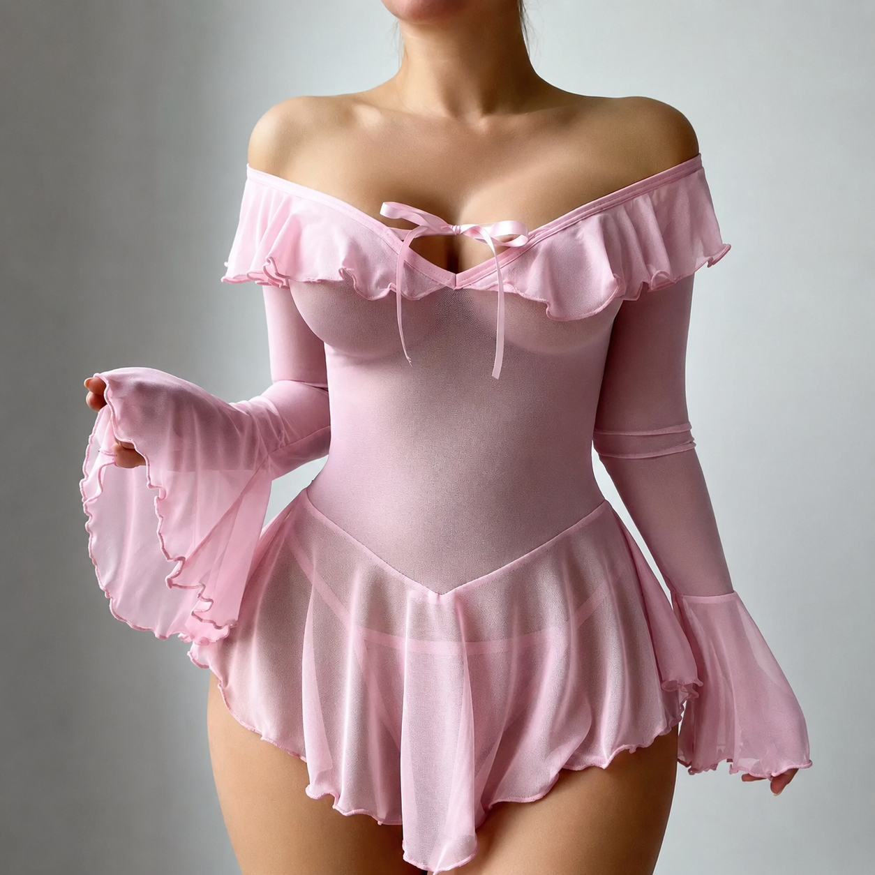 2 Piece Long Sleeves Mesh Ruffle Nightwear Lingerie Set For Women