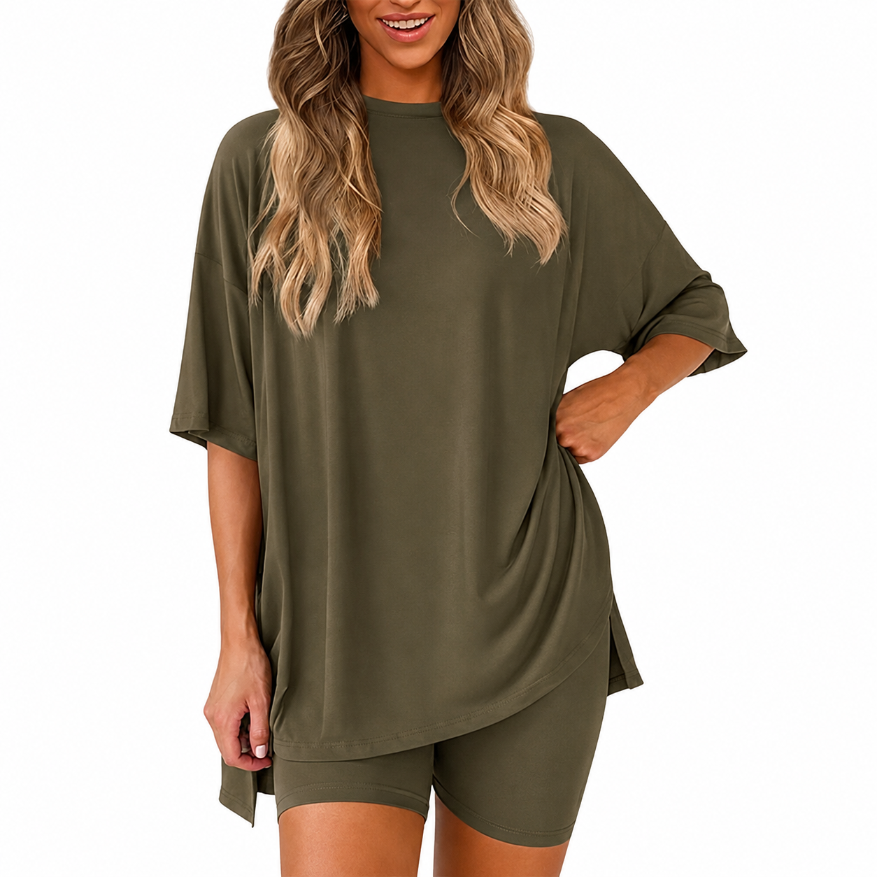 Casual Minimalist Stretchy Biker Shorts And Top Set For Women
