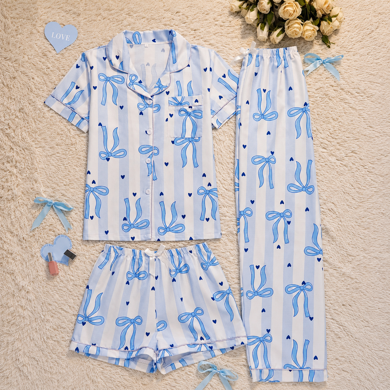  3 Piece Of Striped Bow Print Short Sleeve Shirt Shorts And Pants Matching Pajama Set For Women