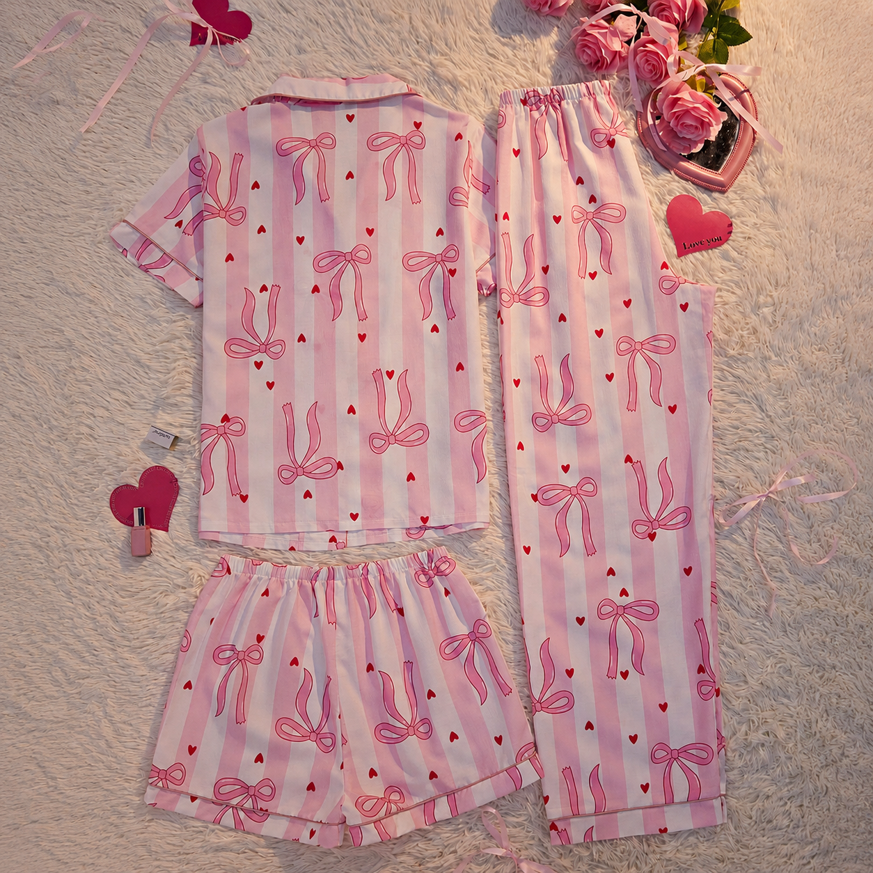  3 Piece Of Striped Bow Print Short Sleeve Shirt Shorts And Pants Matching Pajama Set For Women