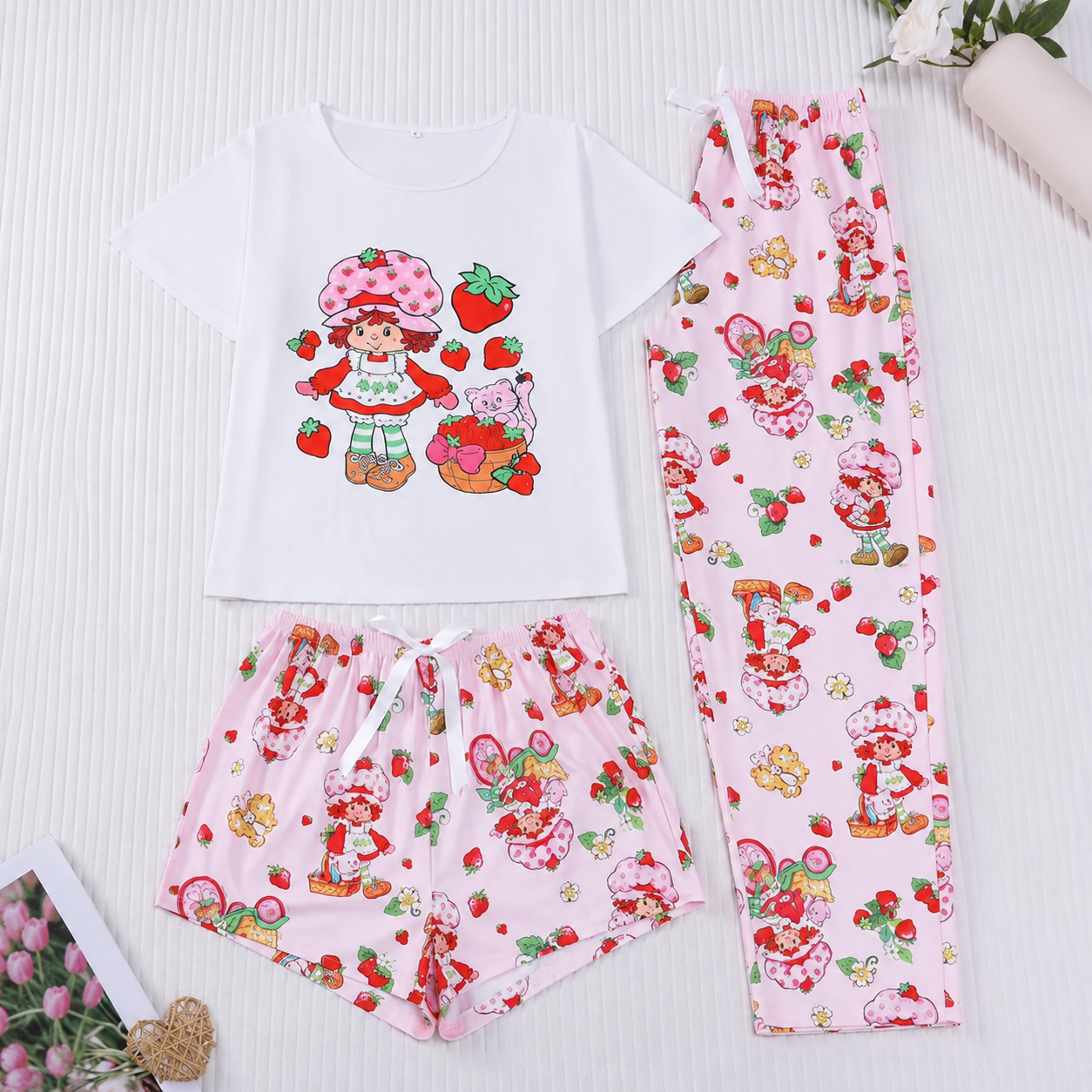 3 Piece Casual Strawberry Print Pajama Set For Women
