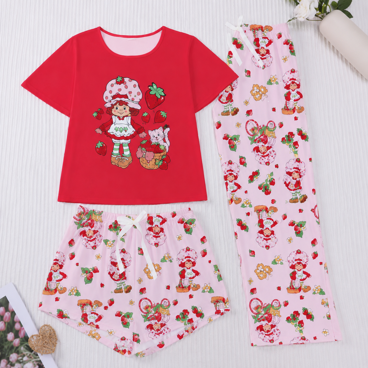 3 Piece Casual Strawberry Print Pajama Set For Women