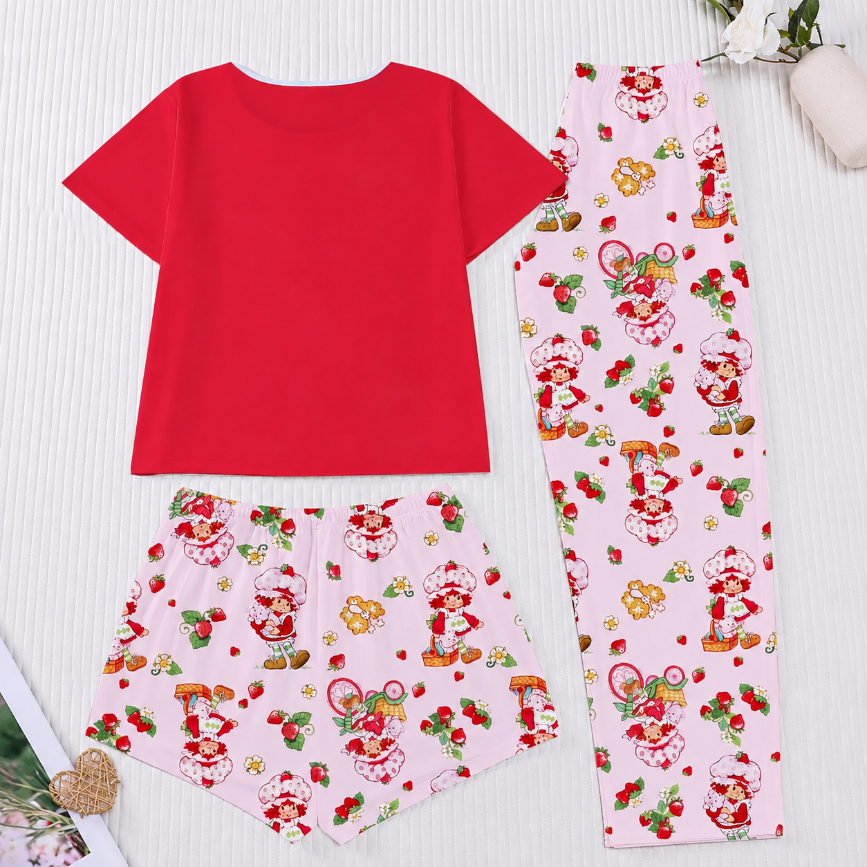 3 Piece Casual Strawberry Print Pajama Set For Women