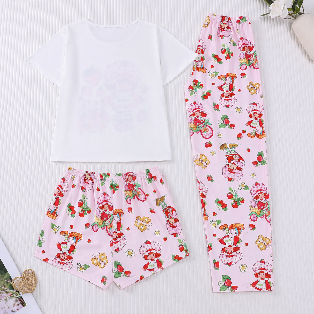 3 Piece Casual Strawberry Print Pajama Set For Women