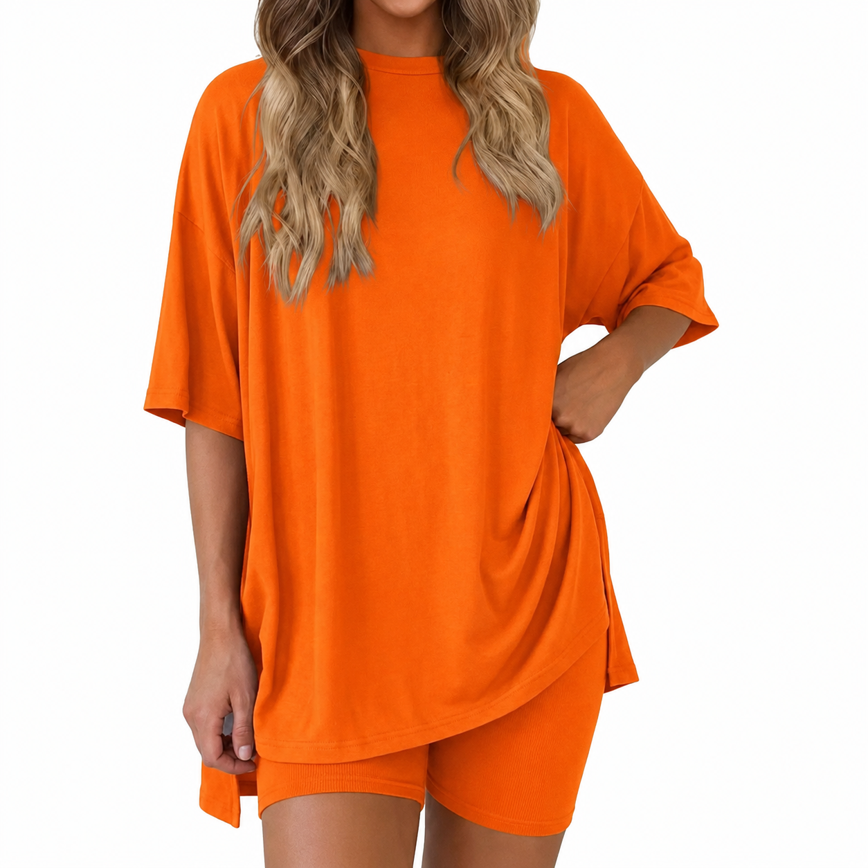 Casual Minimalist Stretchy Biker Shorts And Top Set For Women