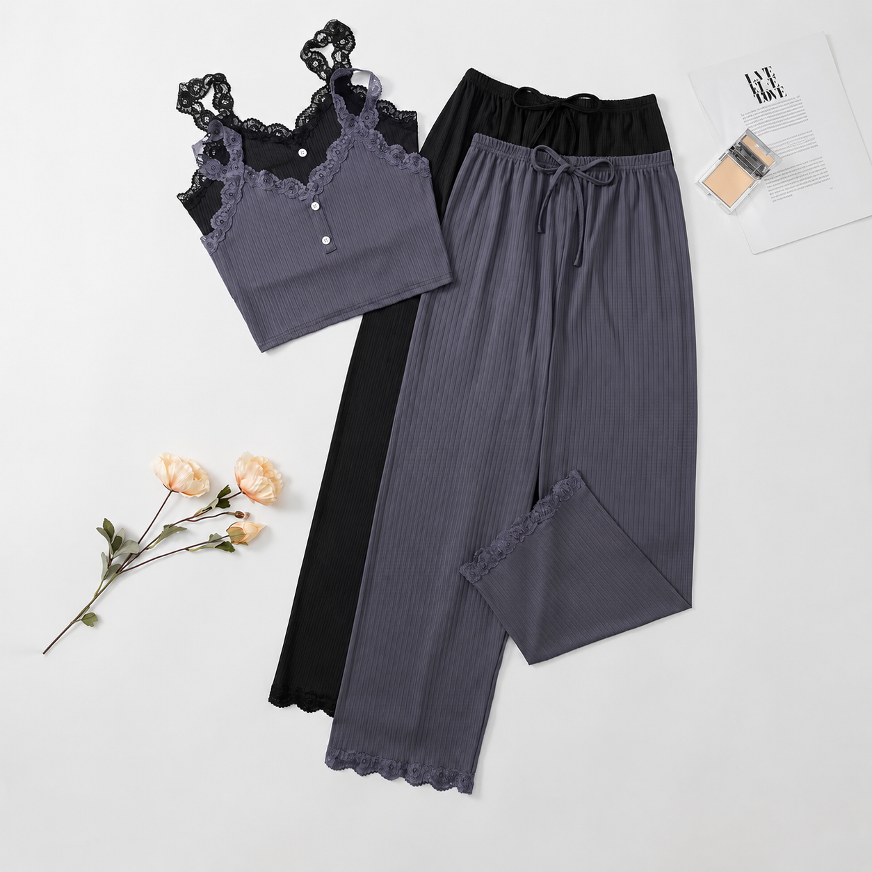 Pack Of 2 Ribbed Lace Trim Detail Lounge Set With Long Pants For Women