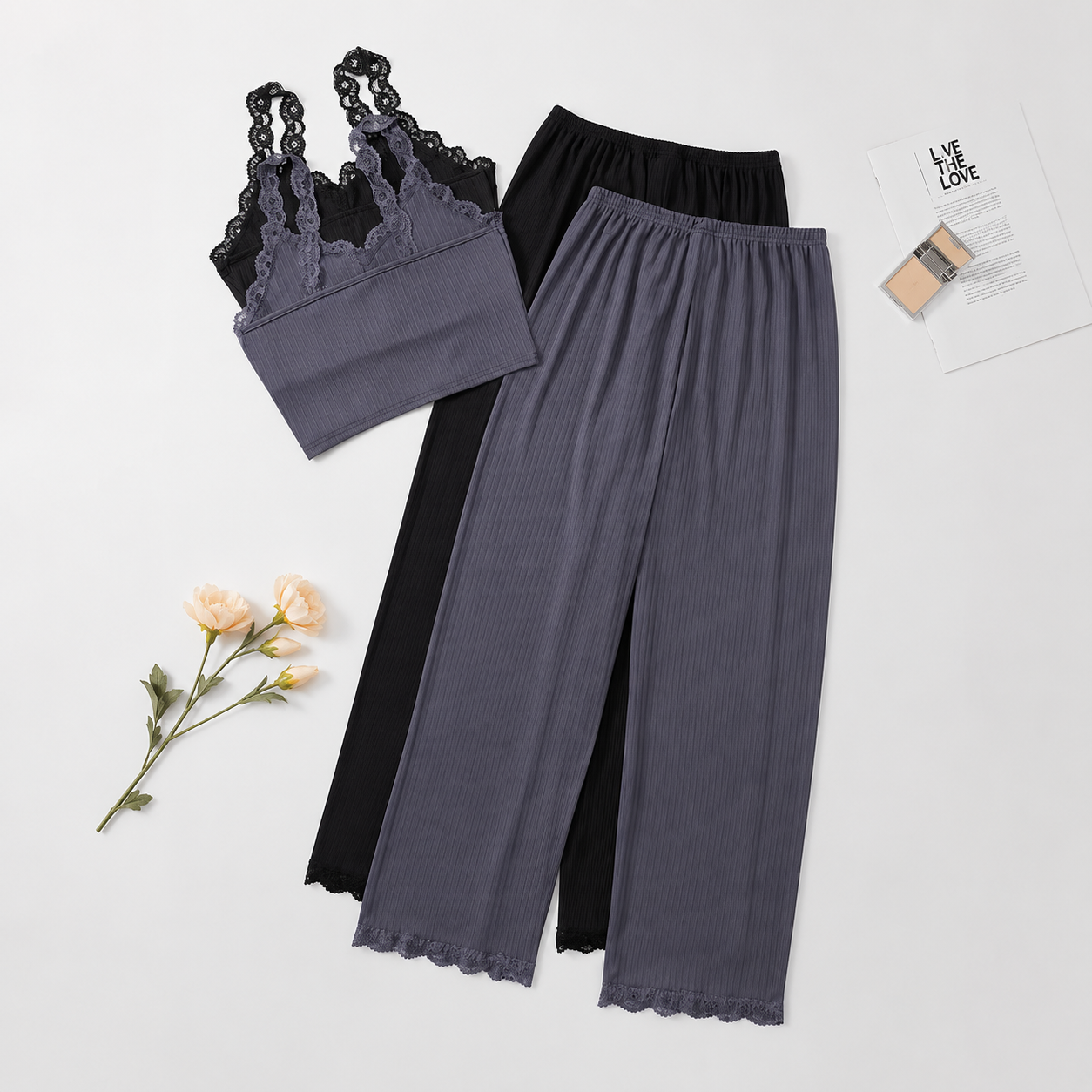 Pack Of 2 Ribbed Lace Trim Detail Lounge Set With Long Pants For Women