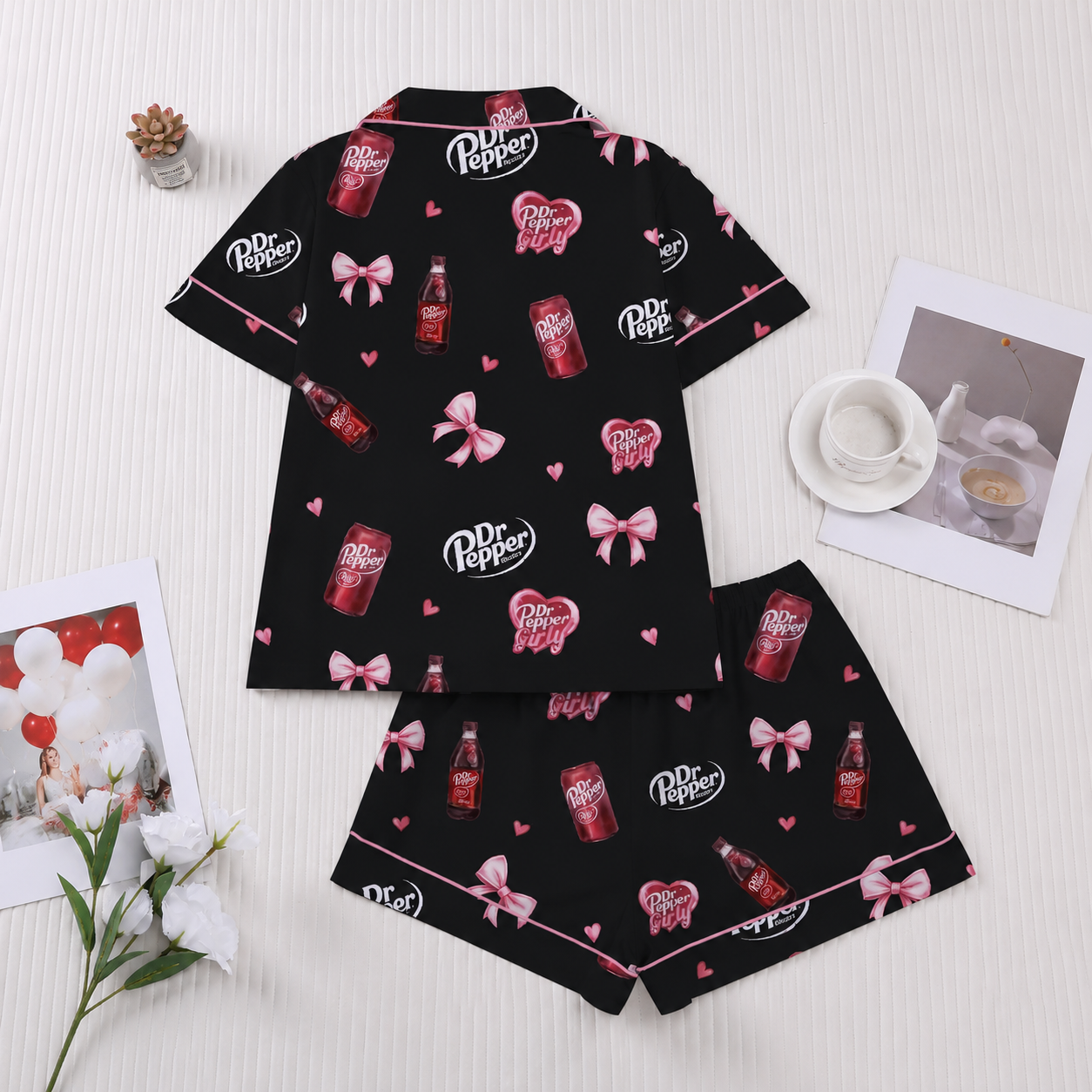 Casual Bow Print Button Up Top And Elastic Shorts Sleepwear Set For Women