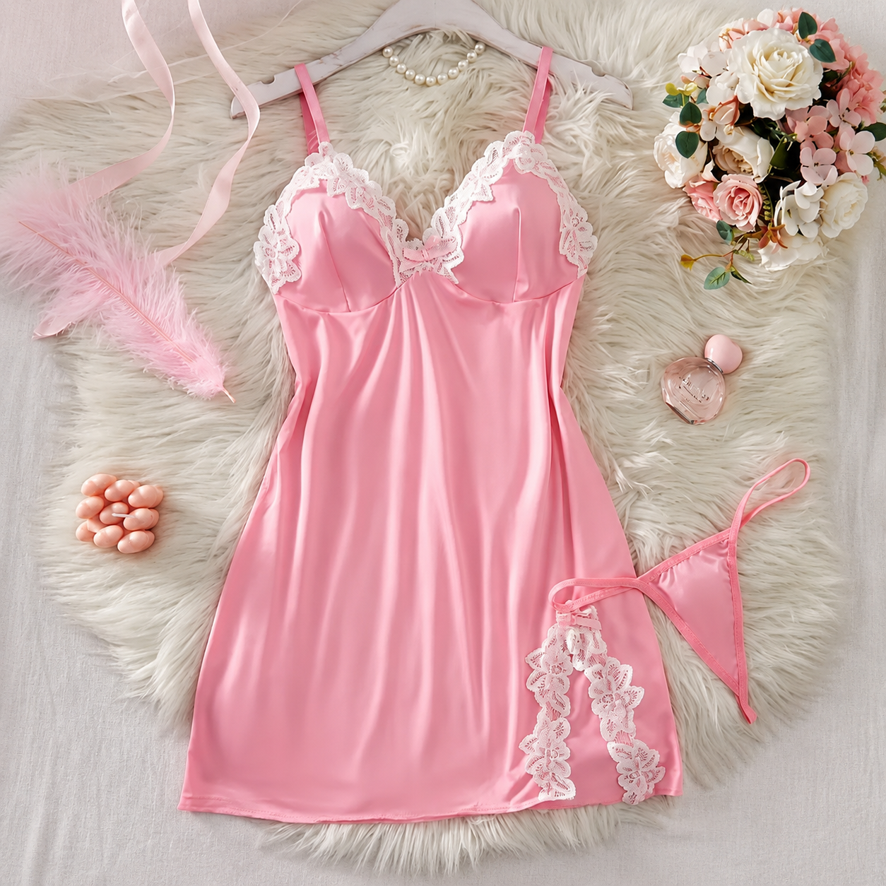2 Pieces Backless Lace Cup Nightwear Set For Women