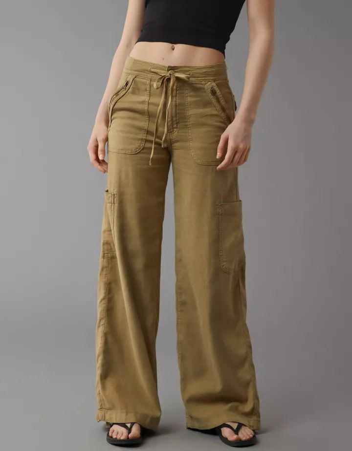 Stylish Wide Length Linen Cargo Pants With Side Pockets-Original Pajamas