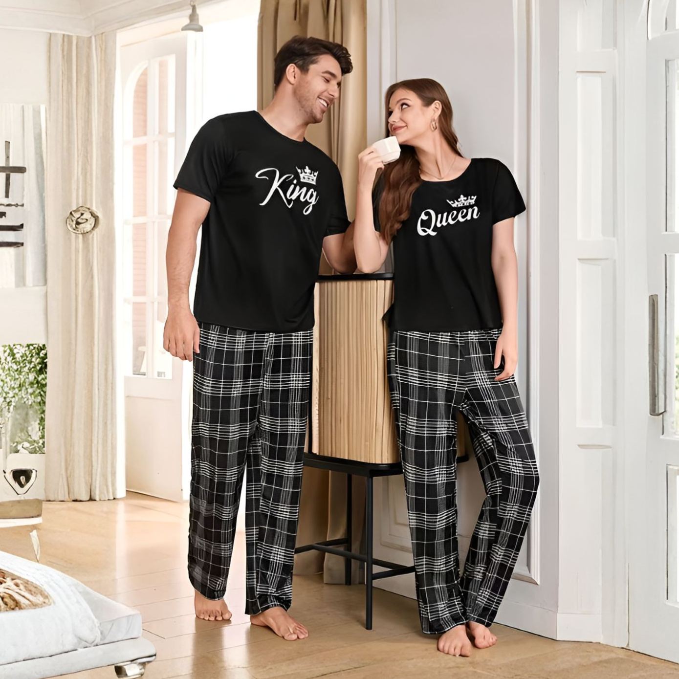 Two Piece Printed Matching Pajama Set For Couple