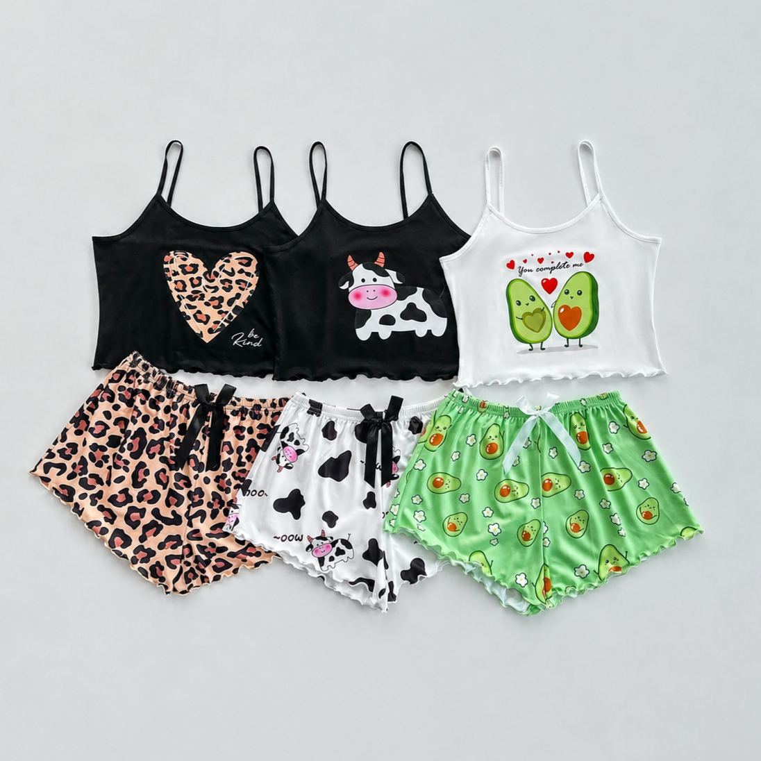 3 Piece Lace Trim Cartoon Printed Pajama Set