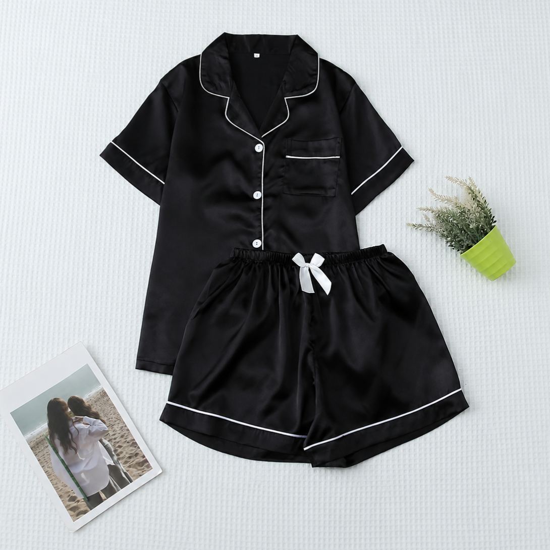 Casual Button Up Top And Shorts Sleepwear Set For Women