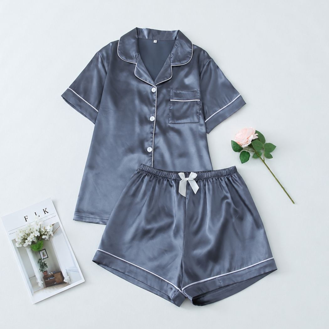 Casual Button Up Top And Shorts Sleepwear Set For Women
