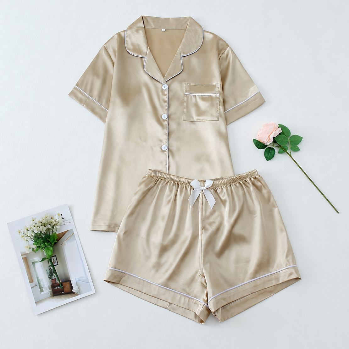 Casual Button Up Top And Shorts Sleepwear Set For Women