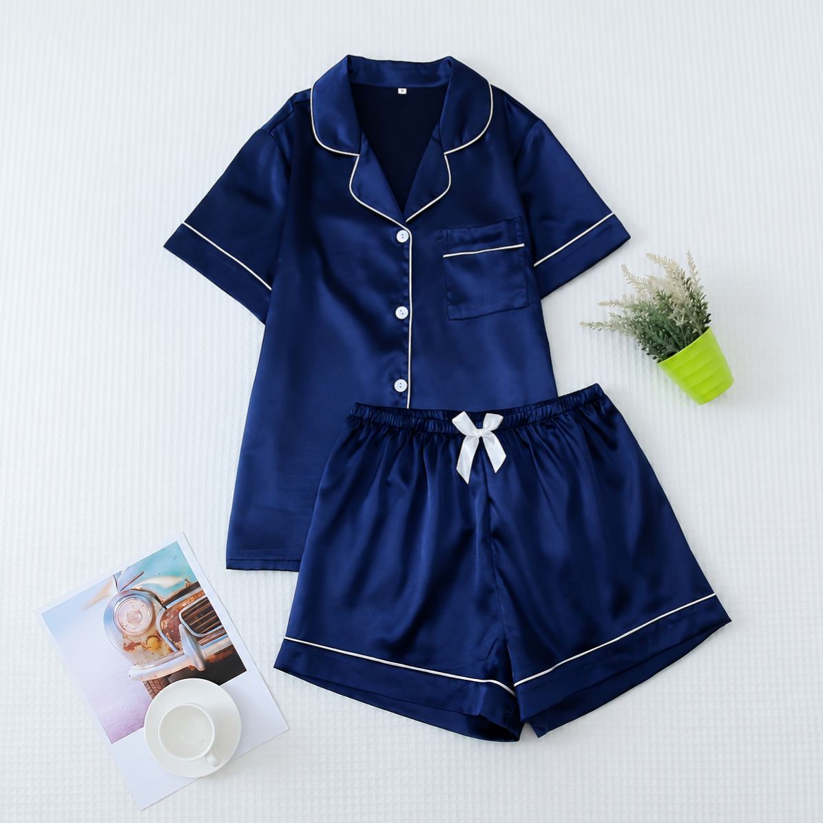 Casual Button Up Top And Shorts Sleepwear Set For Women