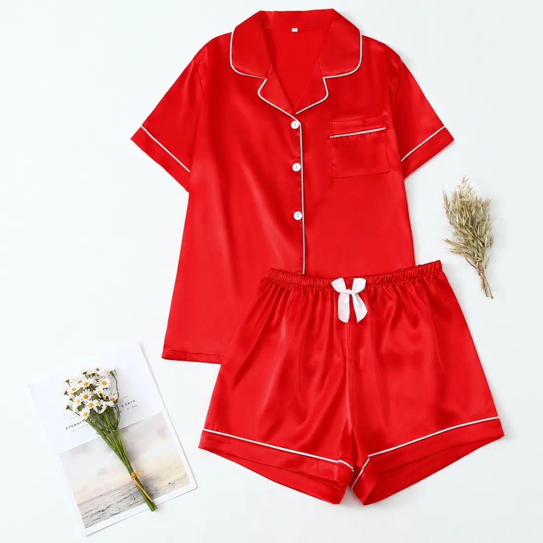 Casual Button Up Top And Shorts Sleepwear Set For Women