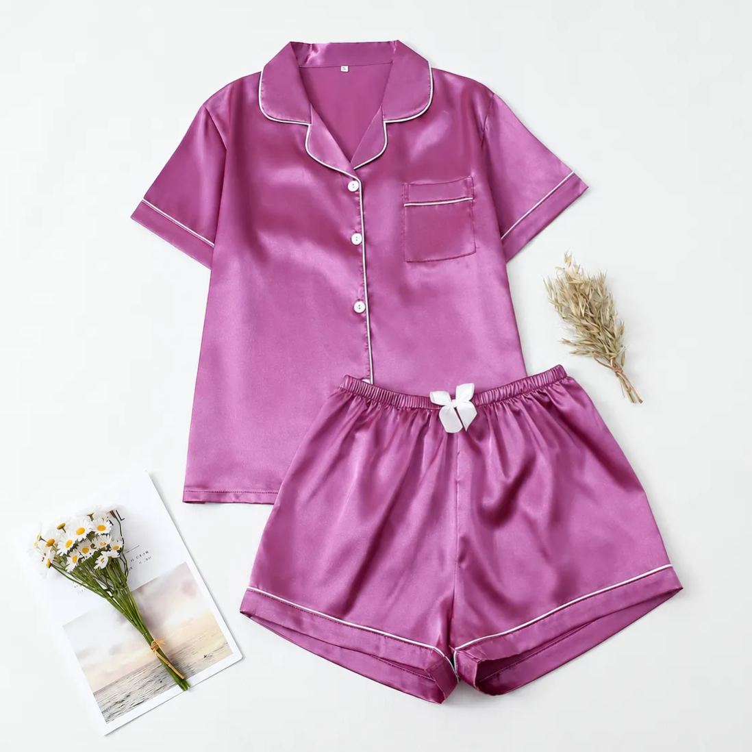 Casual Button Up Top And Shorts Sleepwear Set For Women