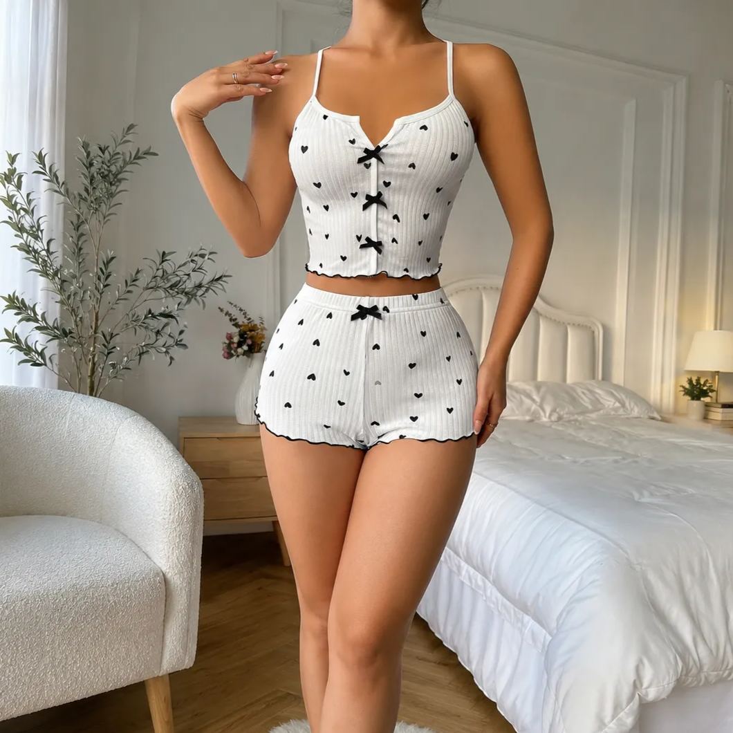 Printed Ruffle Trim Sleeveless Pajama Set For Women