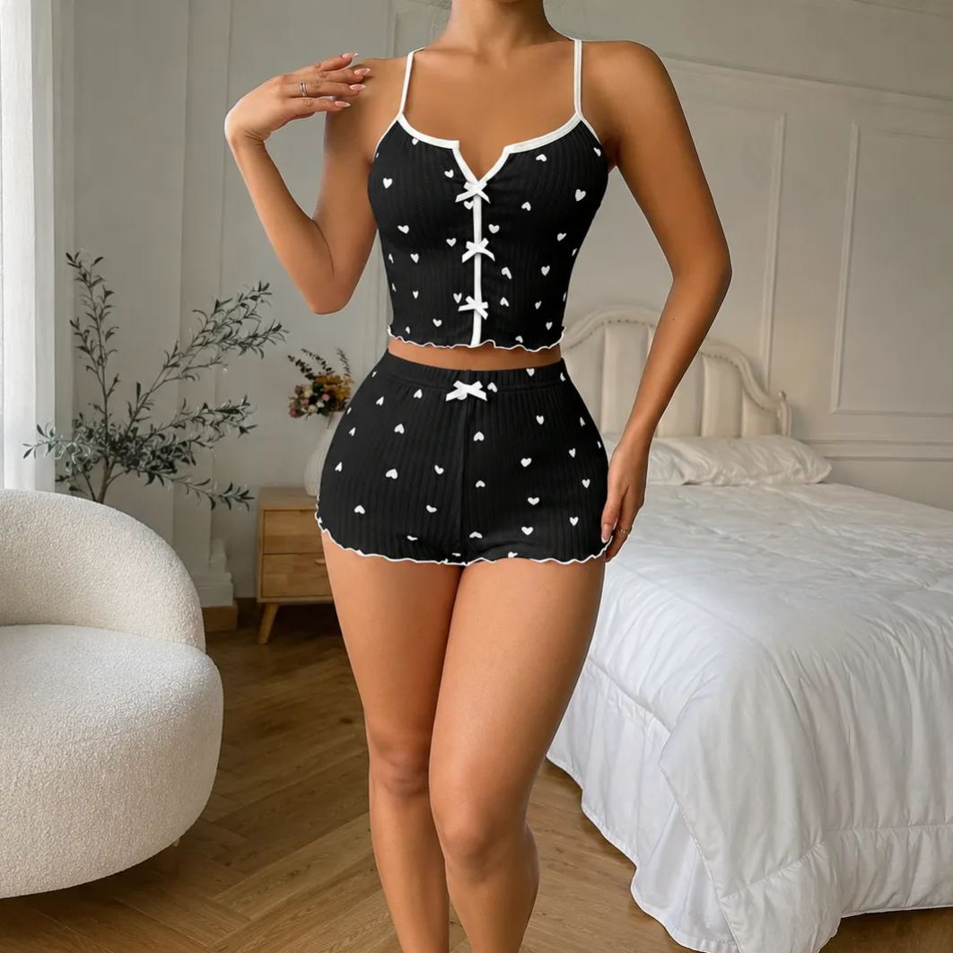 Printed Ruffle Trim Sleeveless Pajama Set For Women