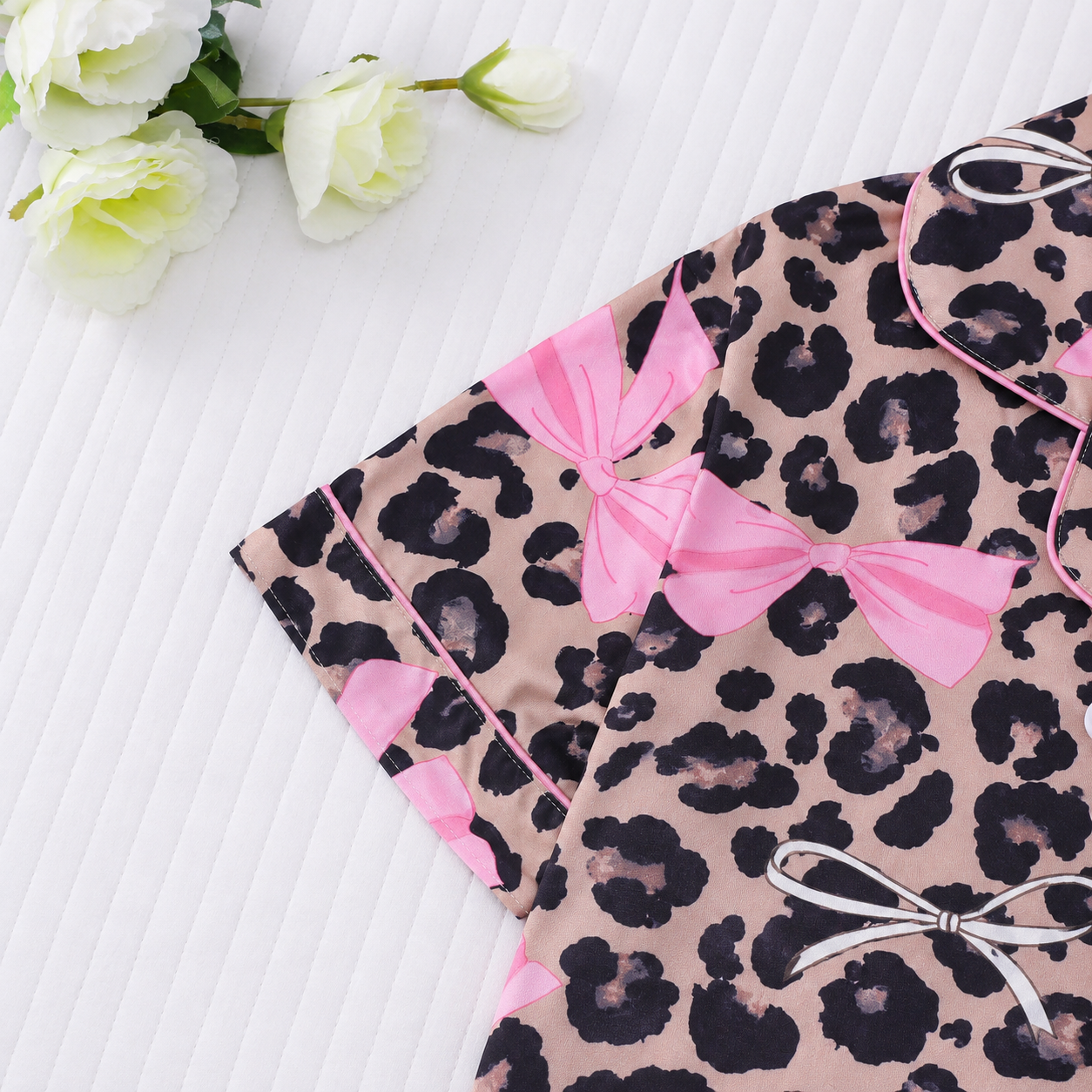 2 Piece Of Leopard Pattern Button Front Lapel Short Sleeve Lounge Set With Shorts For Women