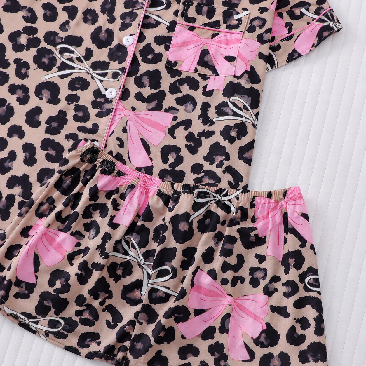 2 Piece Of Leopard Pattern Button Front Lapel Short Sleeve Lounge Set With Shorts For Women