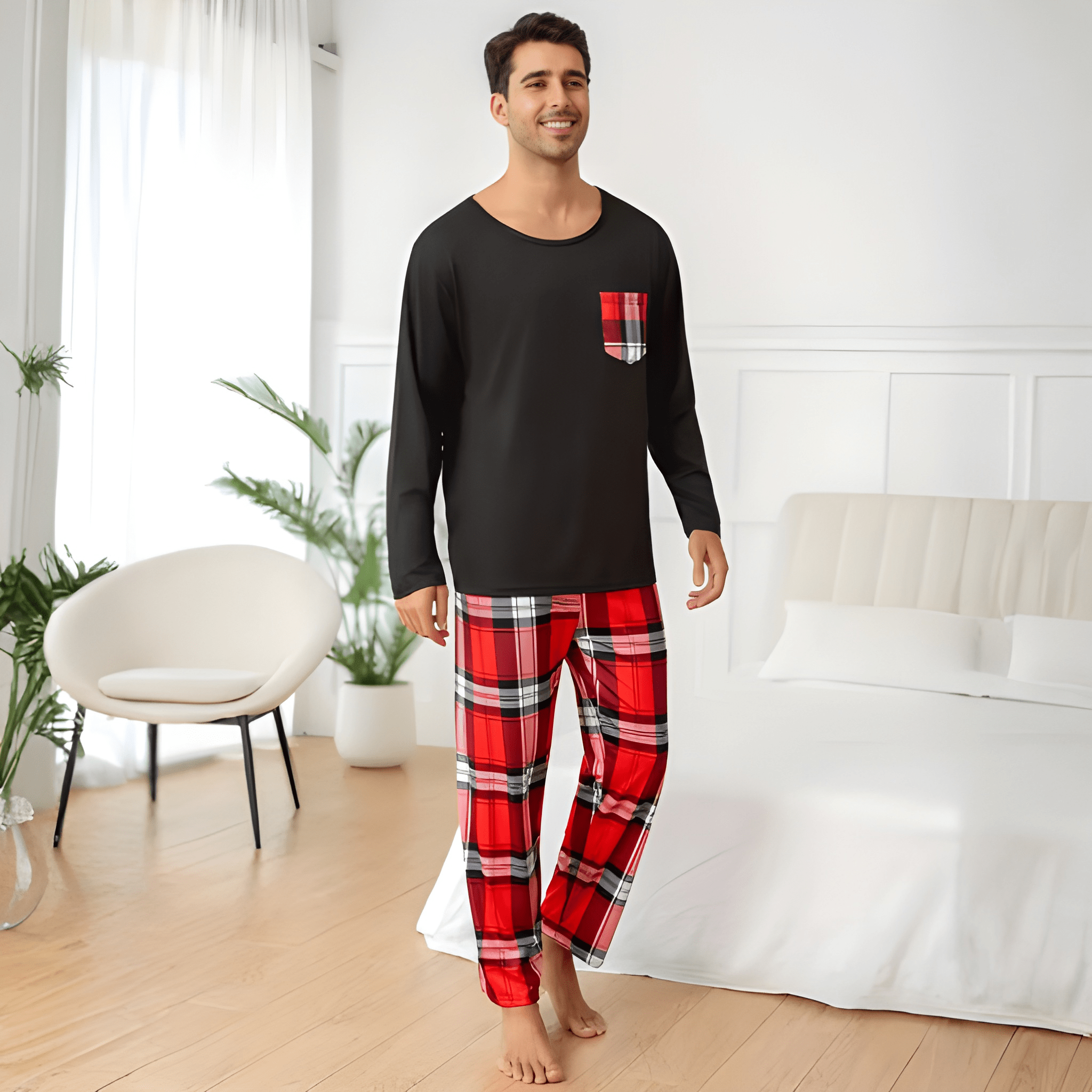  Couple's Black Crew Neck Pullover Long Sleeve Top and Plaid Pants Sleepwear Set