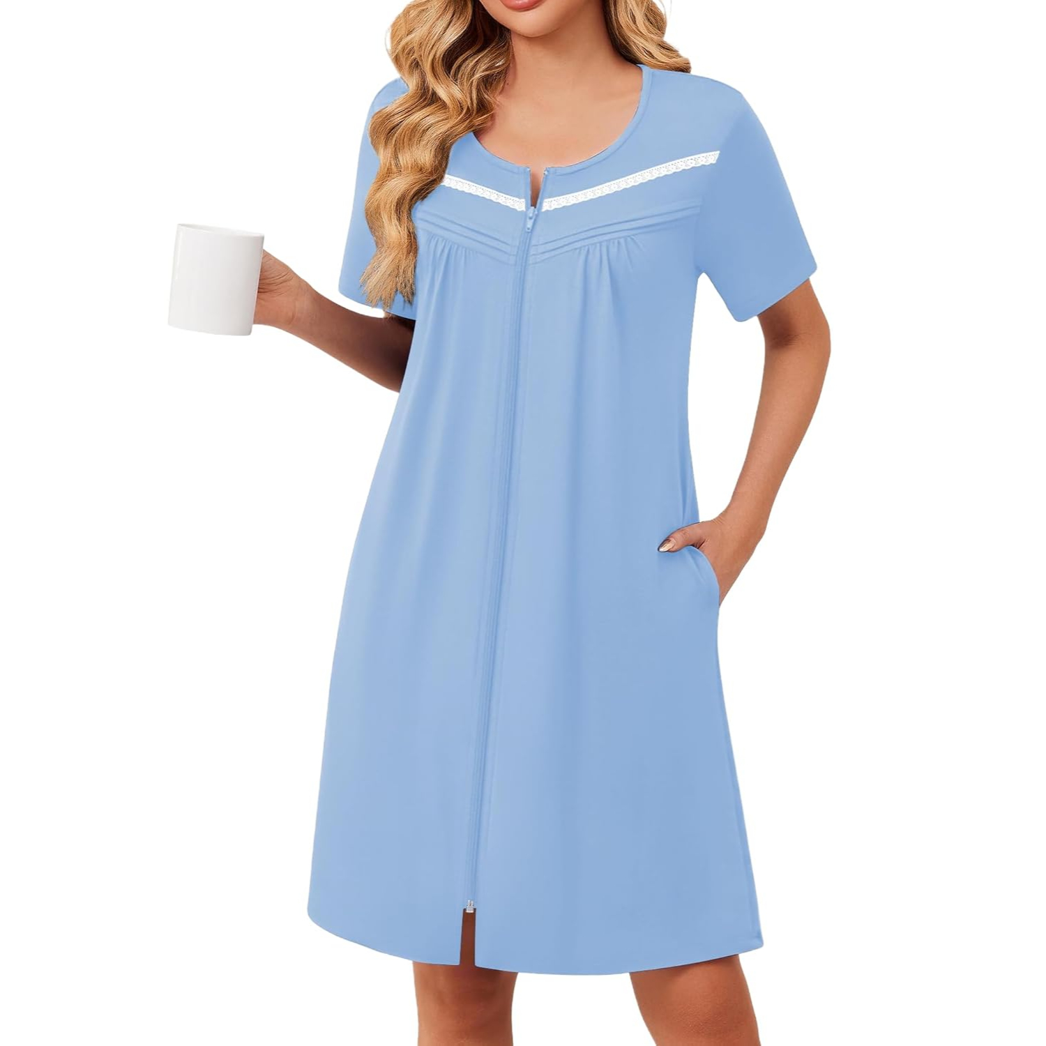 Lightweight Short Sleeve Zipper Robes with Pockets For Women