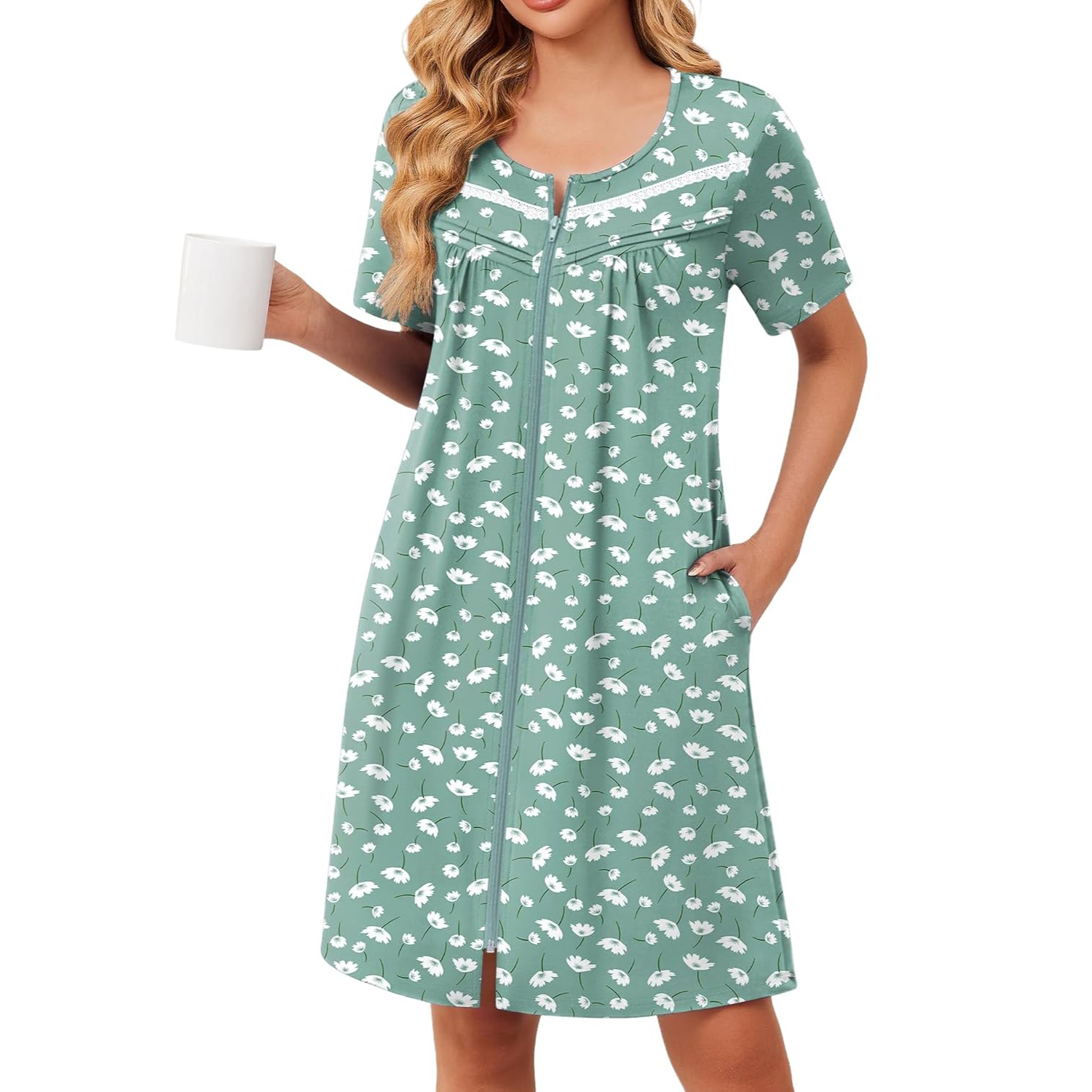 Lightweight Short Sleeve Zipper Robes with Pockets For Women