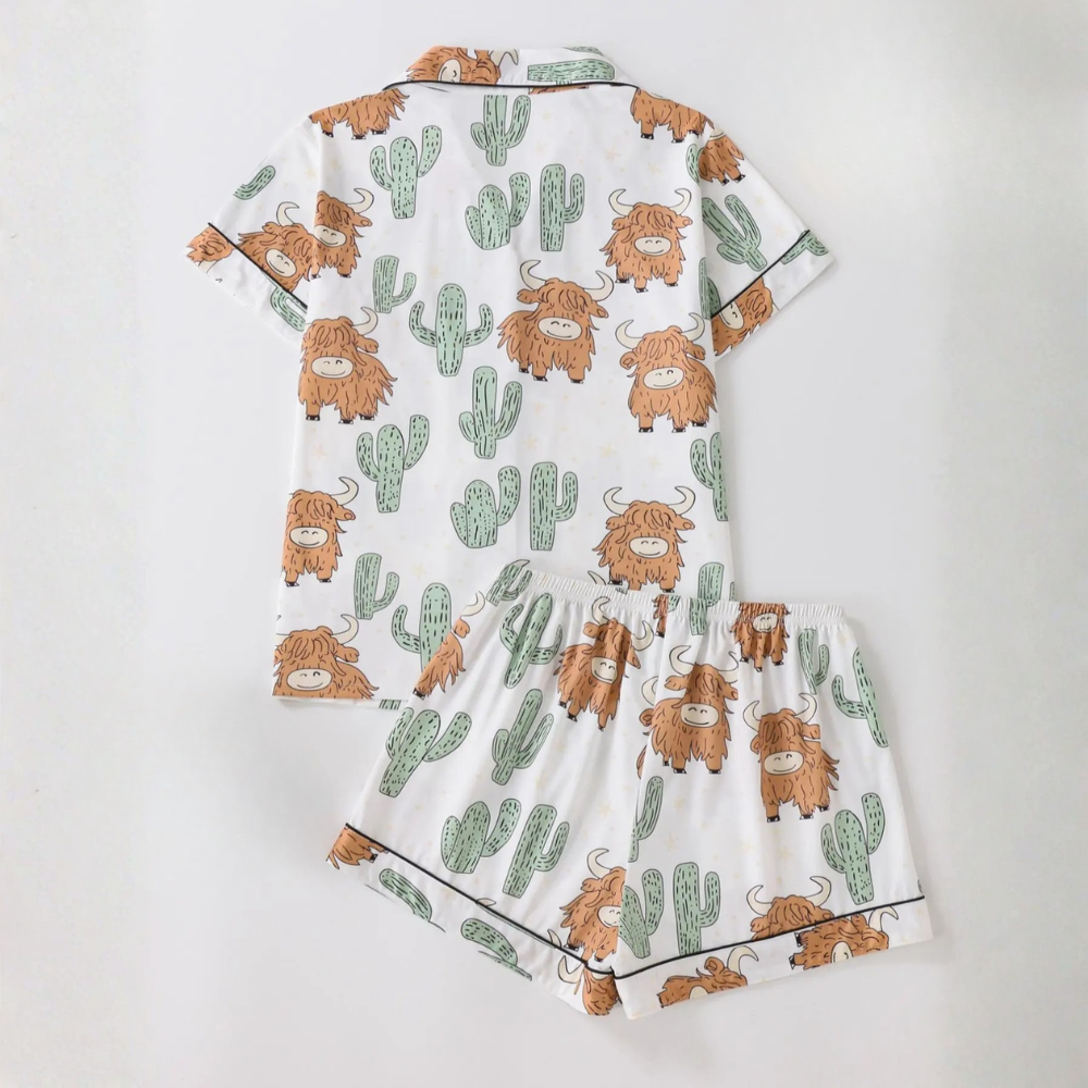 Two Piece Cartoon Yak And Cactus Printed Pajama Set For Women
