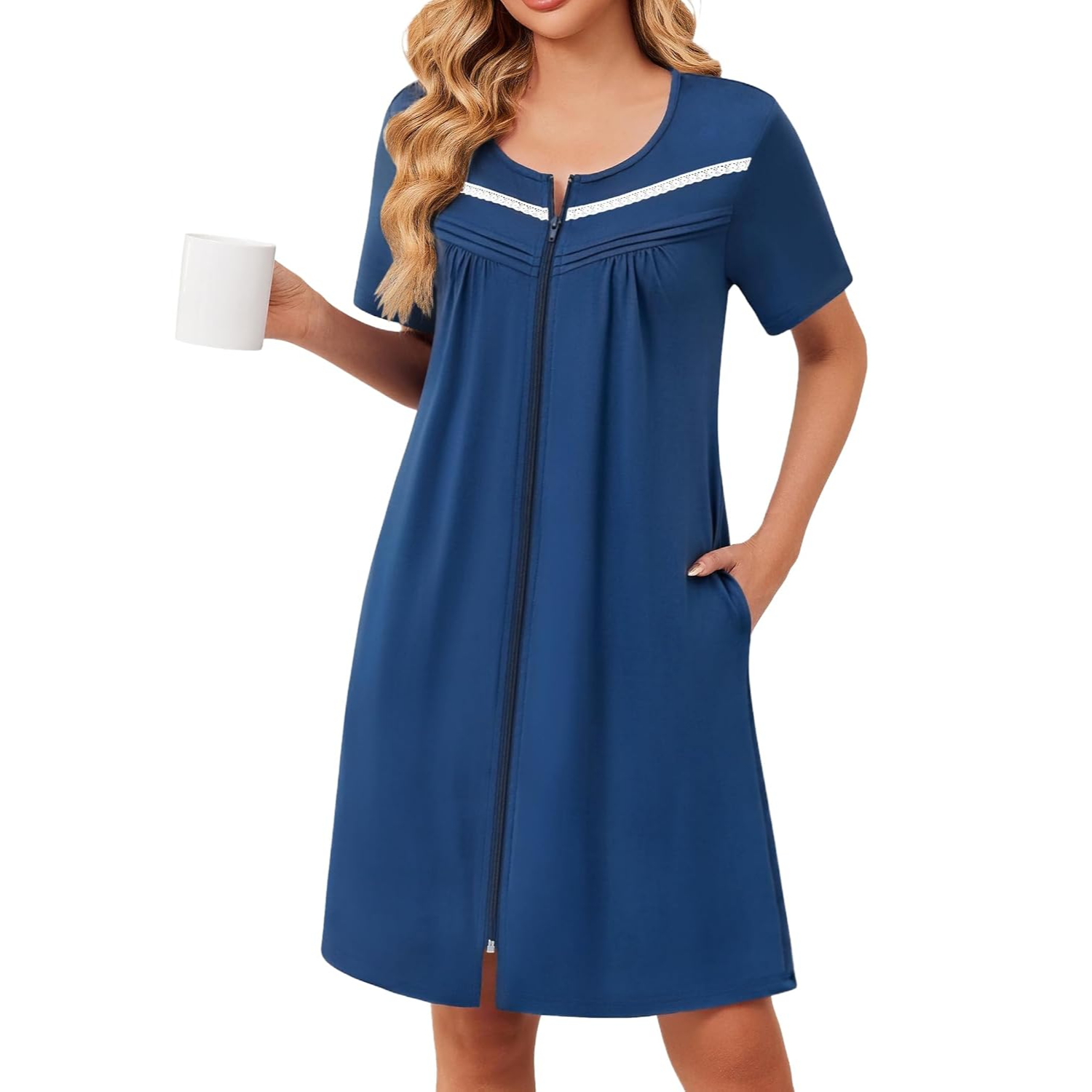 Lightweight Short Sleeve Zipper Robes with Pockets For Women