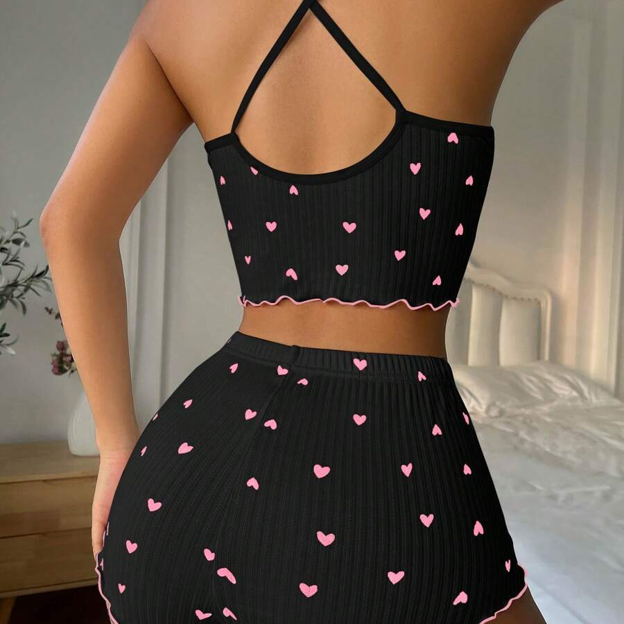Lettuce Trim Front Bow Printed Cami Top And Shorts Set For Women