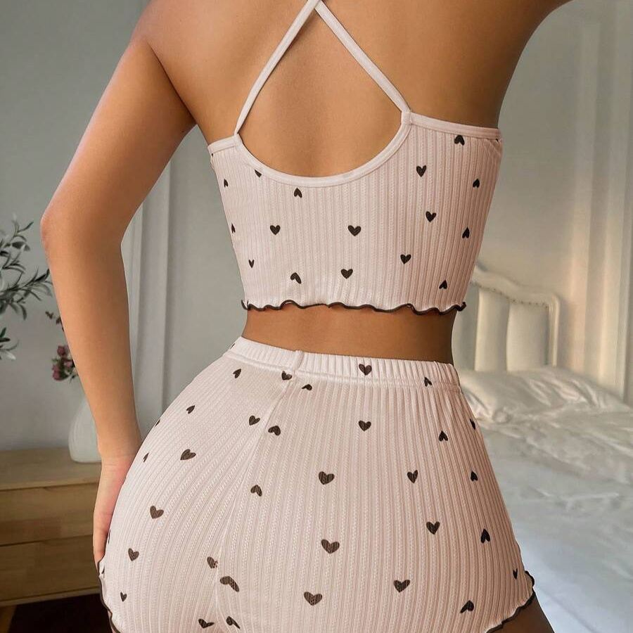Lettuce Trim Front Bow Printed Cami Top And Shorts Set For Women