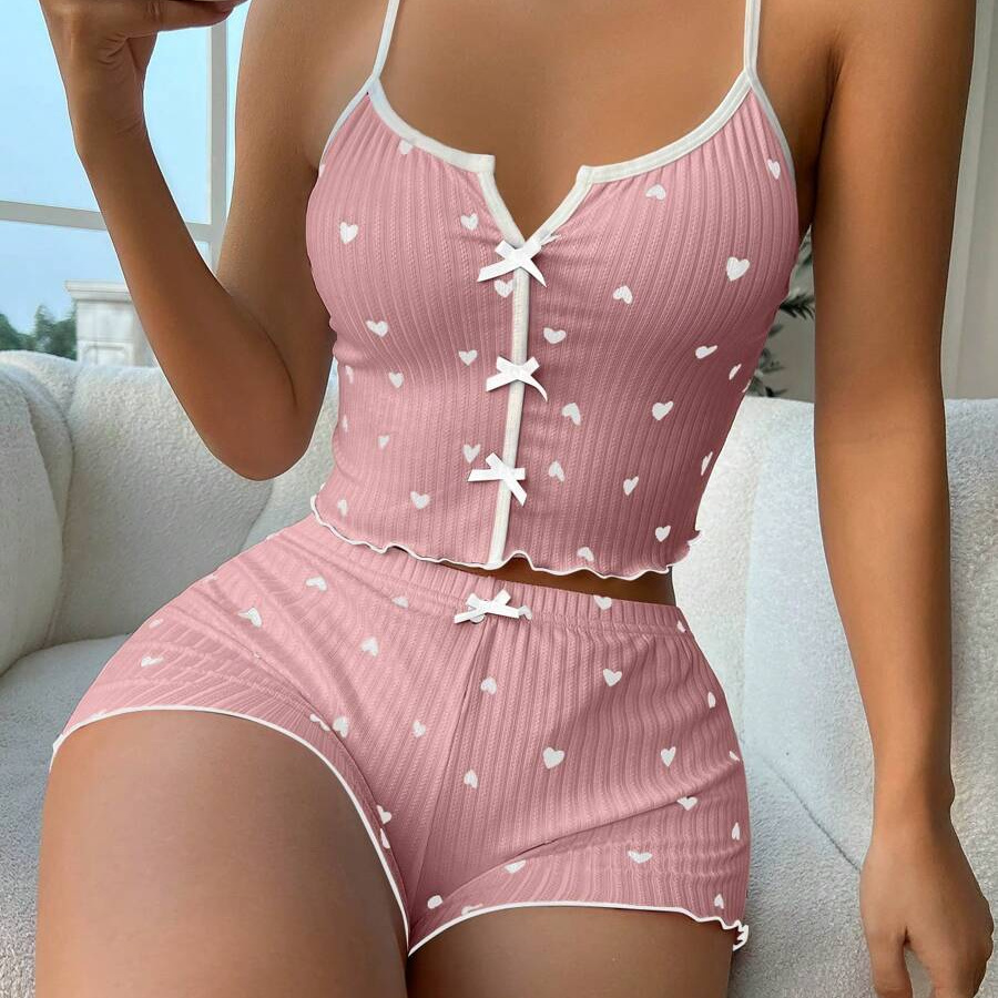 Lettuce Trim Front Bow Printed Cami Top And Shorts Set For Women