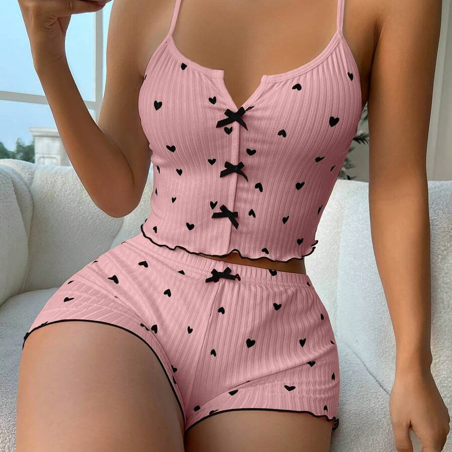 Lettuce Trim Front Bow Printed Cami Top And Shorts Set For Women